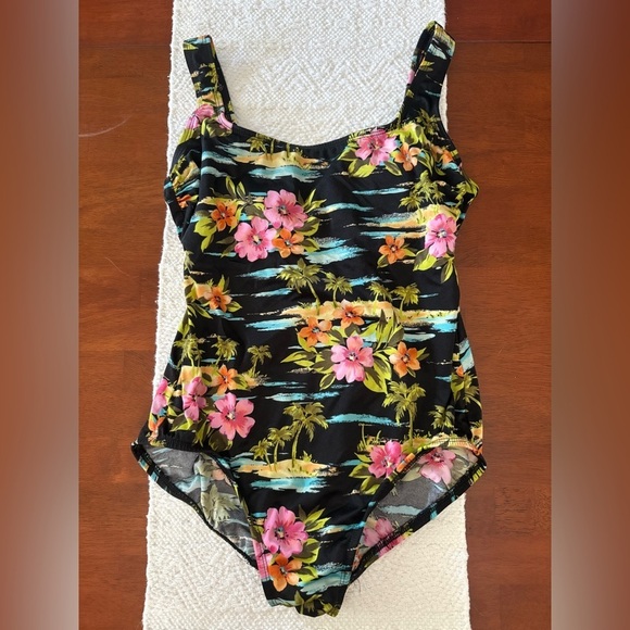 π©± Vintage Longitude Scoopneck Floral Tank Crisscross Back Straps Swimsuit sz 12 - Picture 1 of 7